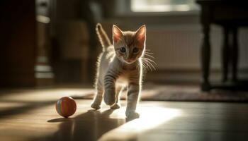 söt kattunge spelar med leksak, ser på kamera, fluffig päls genererad förbi ai foto