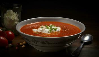färsk tomat soppa, en friska vegetarian måltid med gourmet överklagande genererad förbi ai foto