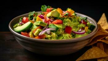 friskhet på en tallrik friska sallad, gourmet guacamole, hemlagad taco genererad förbi ai foto