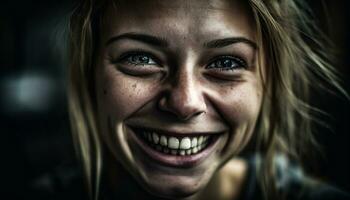 leende ung kvinna med blond hår, ser på kamera självsäkert genererad förbi ai foto