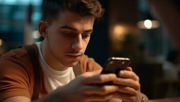 ung vuxen man läsning text meddelande på hans smartphone inomhus genererad förbi ai foto