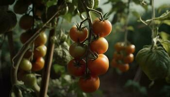 färsk, organisk tomat växt växer i en frodig vegetabiliska trädgård genererad förbi ai foto