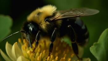 upptagen honung bi plockning upp pollen från en gul blomma genererad förbi ai foto