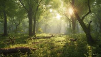 mystisk skog, lugn scen, solljus avslöjar natur skönhet i grön genererad förbi ai foto