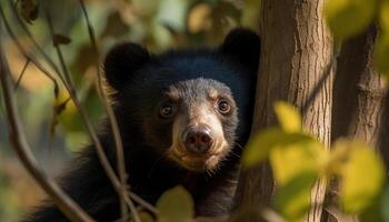 söt panda Sammanträde på gren, ser på kamera i skog genererad förbi ai foto