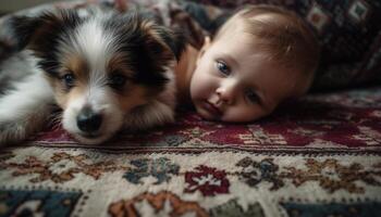 söt små hund porträtt, barn med bebis valp, inhemsk djur genererad förbi ai foto