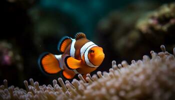 clown fisk simning i färgrik rev, under vattnet skönhet i natur genererad förbi ai foto