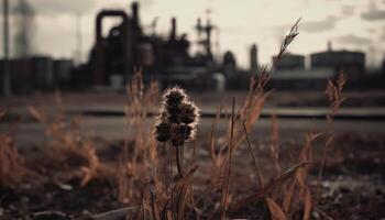 övergiven fabrik silhuett mot solnedgång, natur återta industriell landskap genererad förbi ai foto