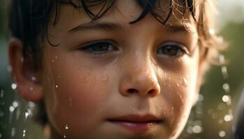 söt våt barn leende utomhus, njuter sommar regn och natur genererad förbi ai foto