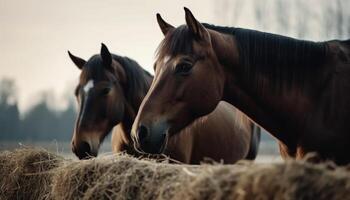 häst odla, natur skönhet, hingst och sto betning i äng genererad förbi ai foto