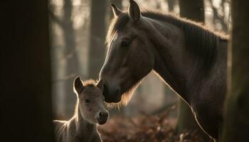 häst betning i äng, njuter natur skönhet och sommar solnedgång genererad förbi ai foto