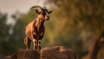 söt get betning i äng, omgiven förbi natur skönhet genererad förbi ai foto