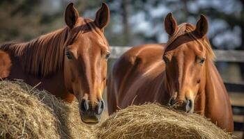 häst betning i äng, omgiven förbi natur skönhet och lugn genererad förbi ai foto