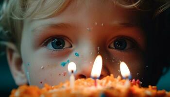 söt barn leende, innehav födelsedag kaka, omgiven förbi färgrik ljus genererad förbi ai foto