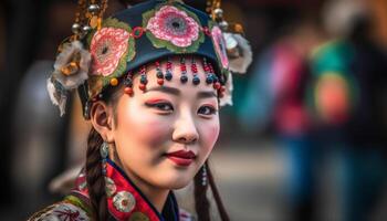 leende ung vuxen flicka i traditionell Kläder på en traditionell festival genererad förbi ai foto