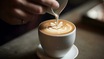 en Barista häller en skummande cappuccino på en kaffe kopp genererad förbi ai foto