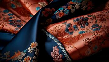 färgrik silke gobeläng med invecklad blommig broderi, representerar öst asiatisk kultur genererad förbi ai foto