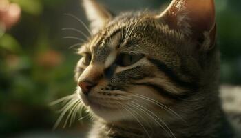 söt kattunge Sammanträde i gräs, stirrande med gul ögon genererad förbi ai foto