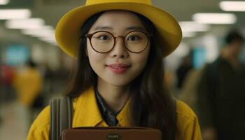 ett leende kinesisk kvinna på en resa, bärande bagage, ser Lycklig genererad förbi ai foto