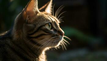 söt kattunge Sammanträde utomhus, stirrande med nyfiken grön ögon genererad förbi ai foto