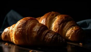 nyligen bakad croissant på en trä- tabell, en franska delikatess genererad förbi ai foto