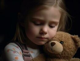 en söt flicka med en teddy Björn, full av oskuld genererad förbi ai foto