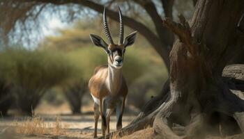 impala gasell stående i de afrikansk savann, varna i vildmark genererad förbi ai foto