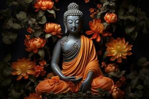 buddha staty omgiven förbi orange blommor på en svart bakgrund ai genererad foto