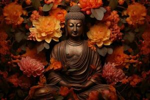 buddha staty omgiven förbi orange blommor på en svart bakgrund ai genererad foto