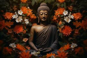 buddha staty omgiven förbi orange blommor på en svart bakgrund ai genererad foto