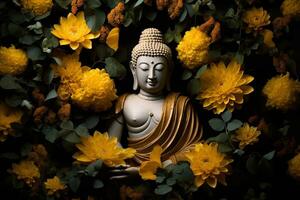 buddha staty omgiven förbi gul blommor ai genererad foto