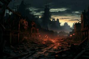 förstörd stad natt anime visuell ny spel. generera ai foto