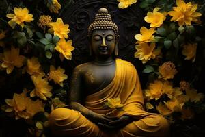 buddha staty omgiven förbi gul blommor ai genererad foto