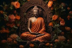 buddha staty omgiven förbi orange blommor på en svart bakgrund ai genererad foto