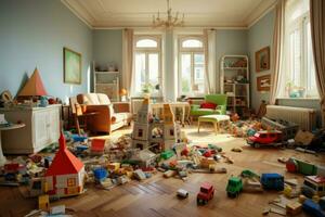 levande rum barn leksaker solljus. generera ai foto
