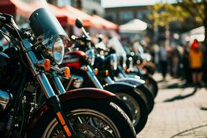 motorcyklar parkering utomhus- festival sommar. generera ai foto