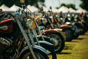 motorcyklar parkering utomhus- festival parkera. generera ai foto