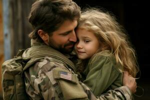 militär återförening far dotter kärlek. generera ai foto