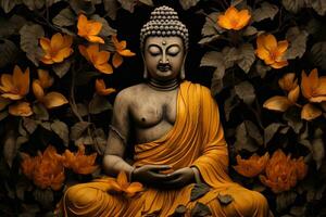 en gyllene buddha staty omgiven förbi blommor ai genererad foto