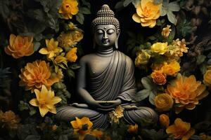 buddha staty omgiven förbi gul blommor ai genererad foto