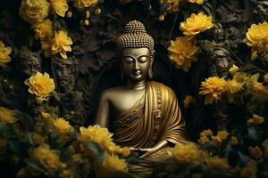 buddha staty omgiven förbi gul blommor ai genererad foto