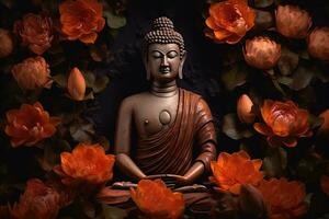 buddha staty omgiven förbi orange blommor på en svart bakgrund ai genererad foto