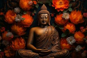 buddha staty omgiven förbi orange blommor på en svart bakgrund ai genererad foto