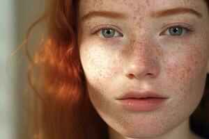 en stänga upp av en kvinna med fräknar, rosacea couperose rodnad hud ai genererad foto