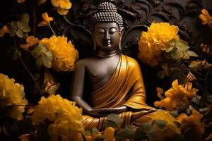 buddha staty omgiven förbi gul blommor ai genererad foto