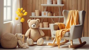 drömmande fristad, teddy Björn, gul filt, och gungande stol i de generös spädbarn barnkammare foto