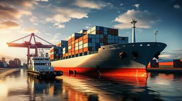 transport och logistisk importera exportera och transport industri av lastbil behållare frakt fartyg, generativ ai foto