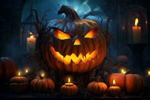 halloween pumpa huvud domkraft lykta med ljus på mörk bakgrund. halloween begrepp ai genererad foto
