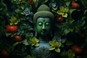 buddha staty med lotus blomma och grön löv bakgrund ai genererad foto