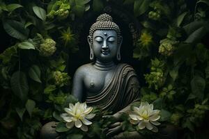 buddha staty med lotus blomma och grön löv bakgrund ai genererad foto